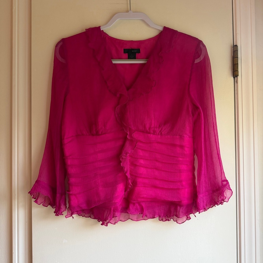 WDNY Womens Magenta Pink 100% Silk Ruffle V-Neck Pleated Chiffon Blouse Large